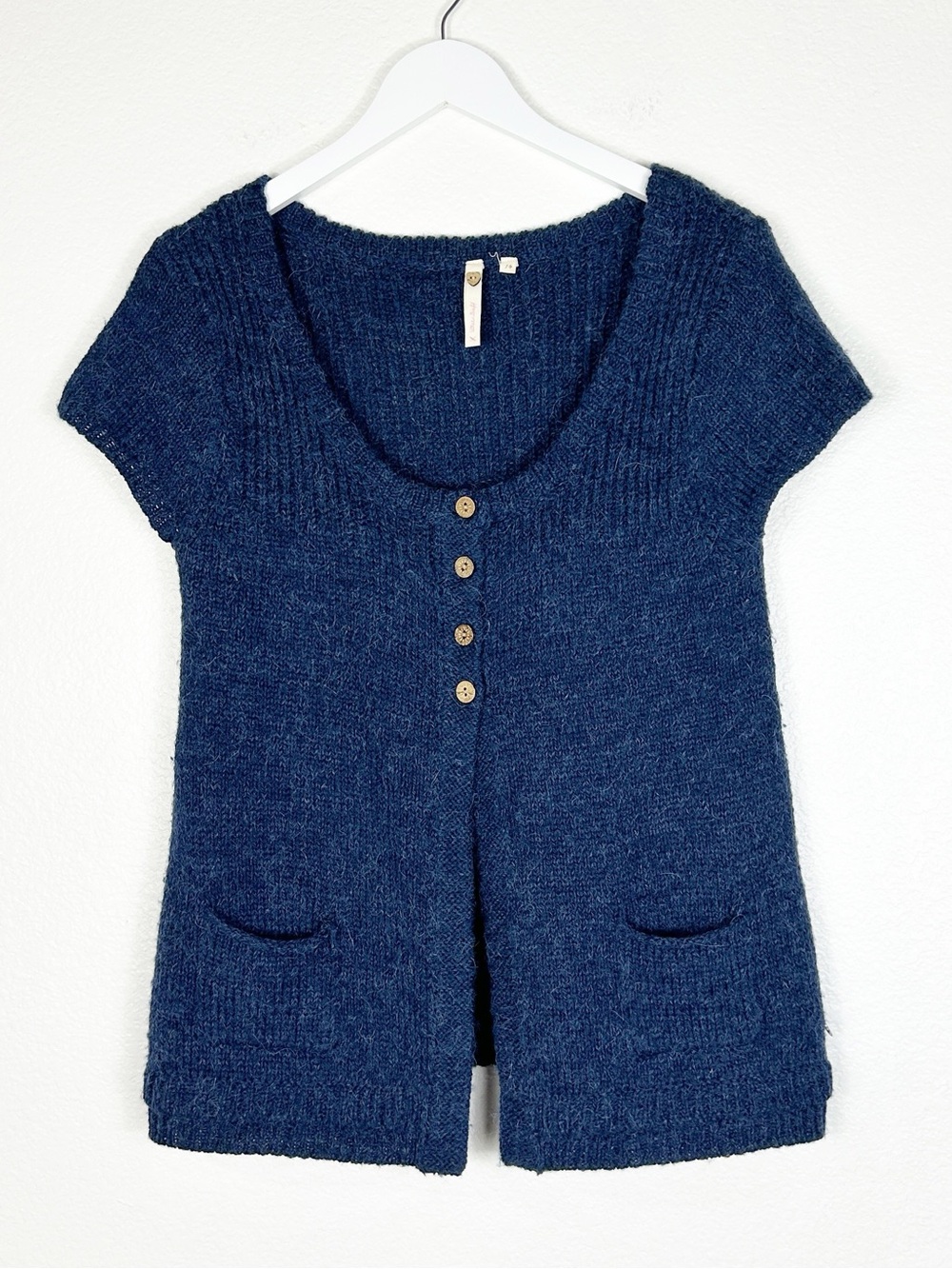 Vintage White Stuff alpaca wool blend blue babydoll short sleeve sweater size 10